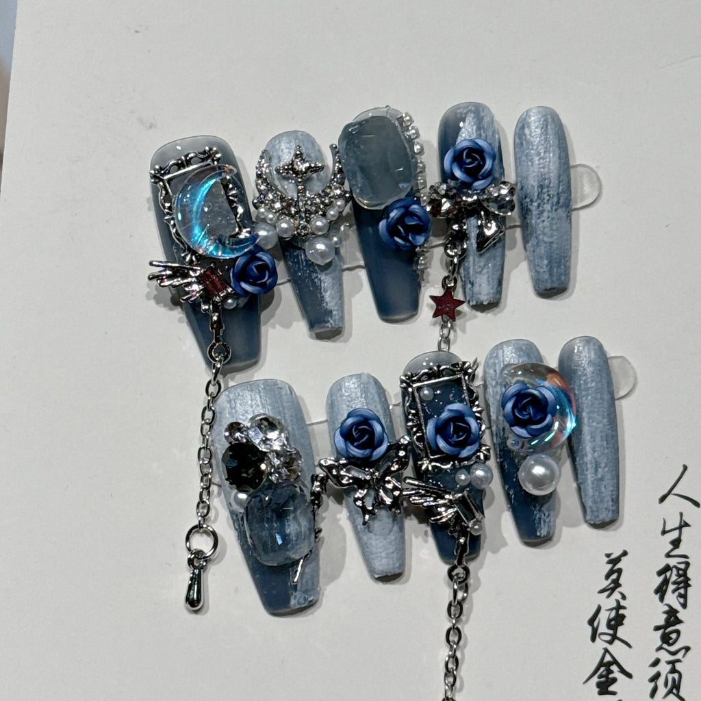 Blue night manicure set with rose and tulip patterns for ladies in four sizes
