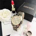 Women's silver rose gold diamond quartz watch with mesh strap, 15mm thick case.