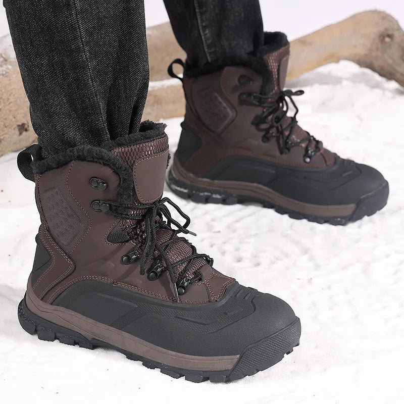 Men's black high-top fleece-lined boots with lace-up front, shown on a white background