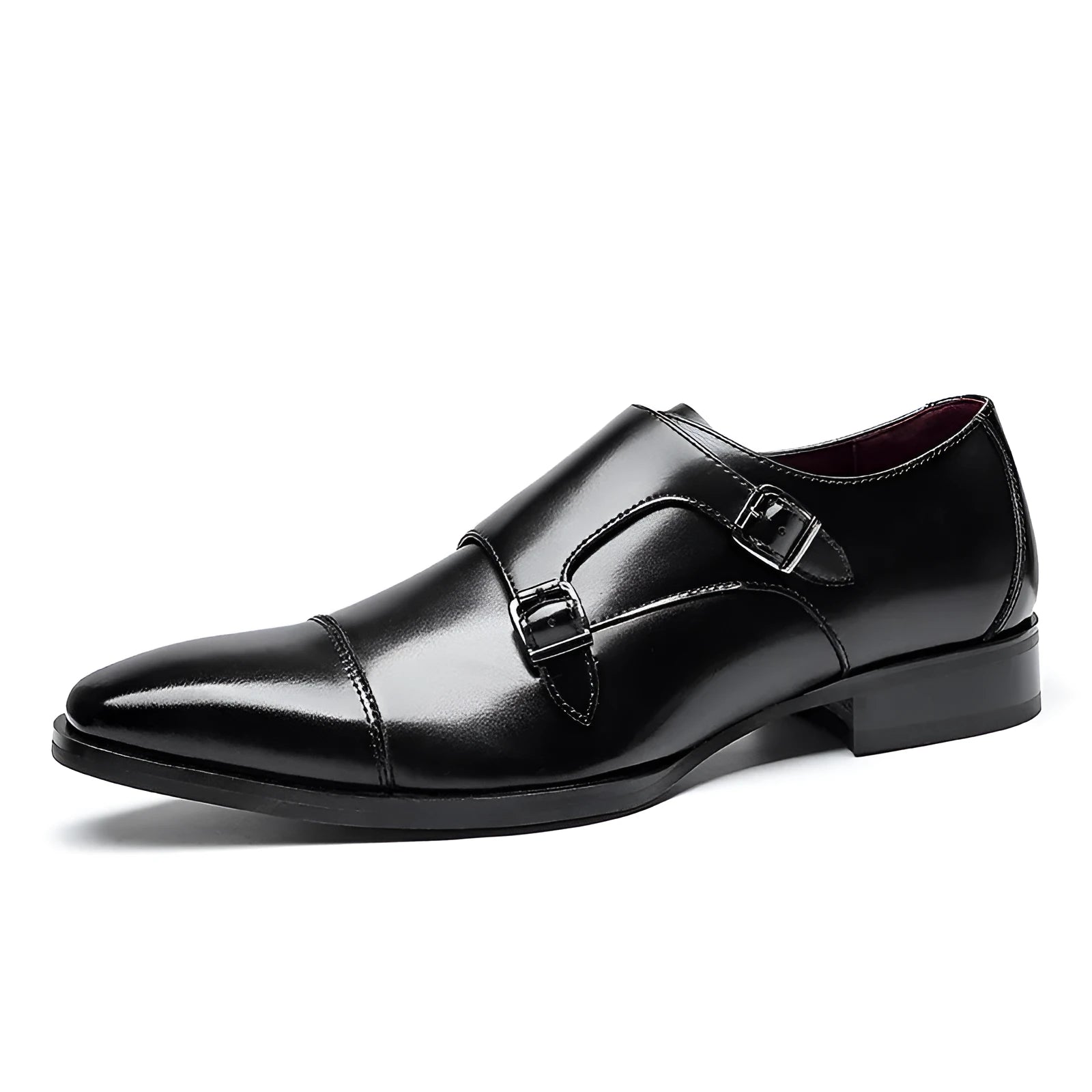 Men's black leather shoes with square toe design and low-top height for business formal wear