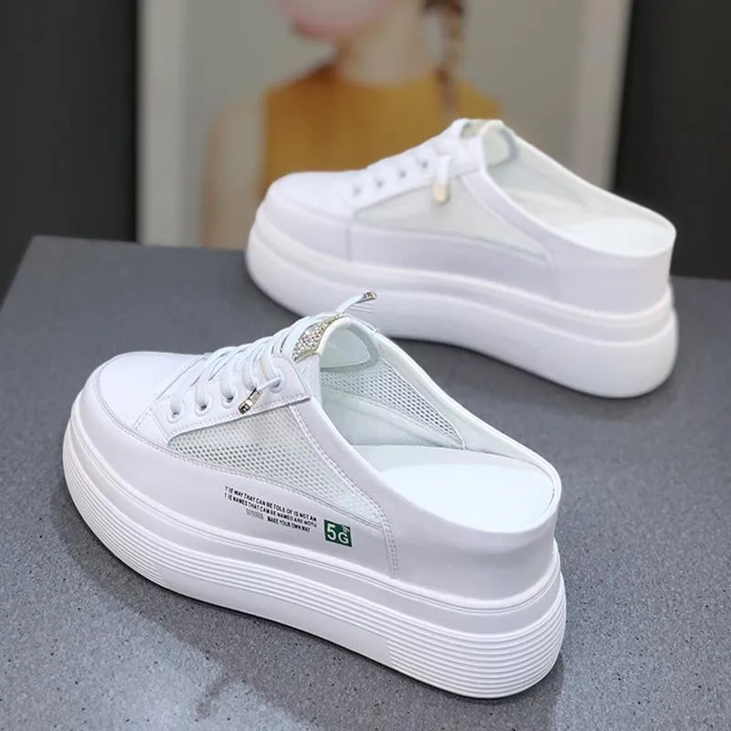 White women's mesh platform lazy shoes with round toe and synthetic leather upper