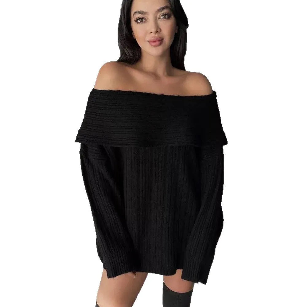 A woman's loose-fitting, long-sleeved pullover sweater in acrylic fibre, shown on a hanger.