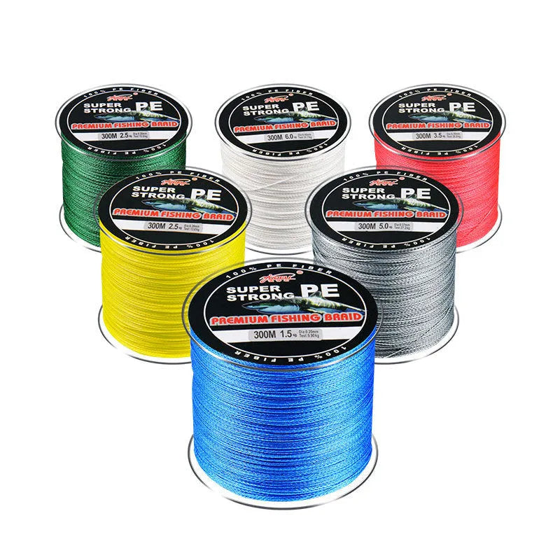 Spool of Dali Mayu 300 metre PE fishing line showing multiple colour options against a tackle background.