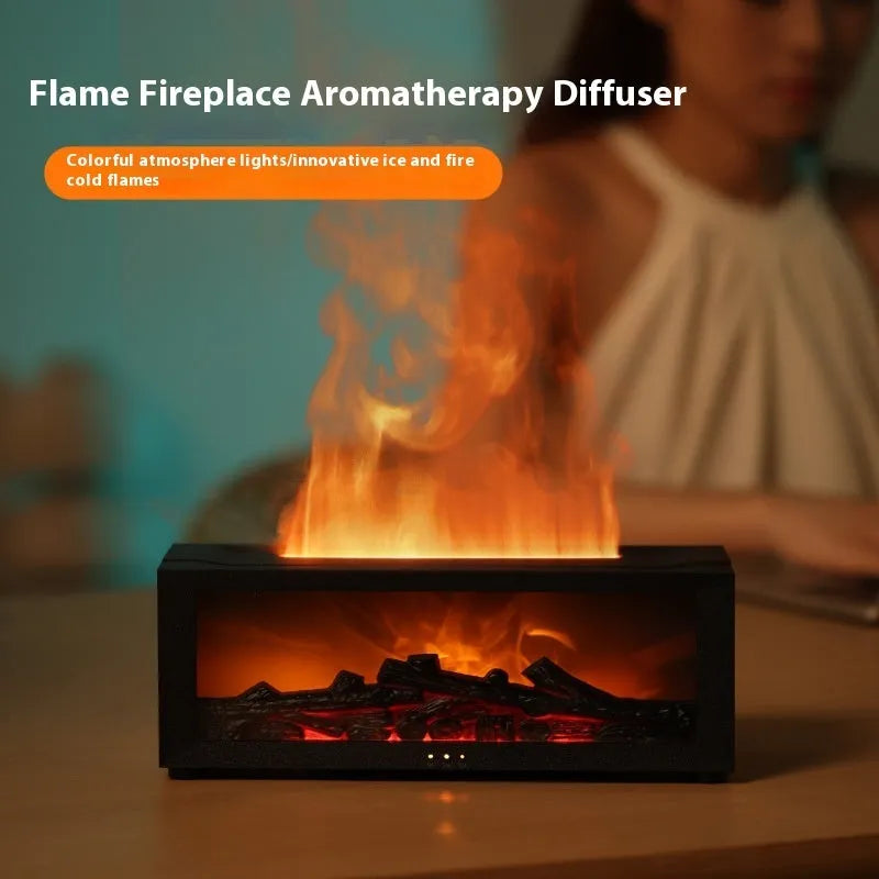 Square desktop aromatherapy diffuser emitting mist with a colourful 3D flame effect and mood lights at the base.