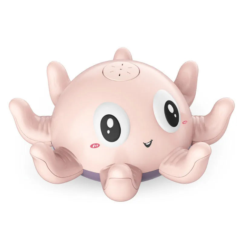 Blue automatic water spray bath toy shaped like an octopus with flashing lights, for baby bath time.