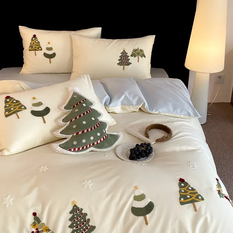 Pure cotton four-piece bedding set with embroidered Christmas tree towel decoration on duvet cover.