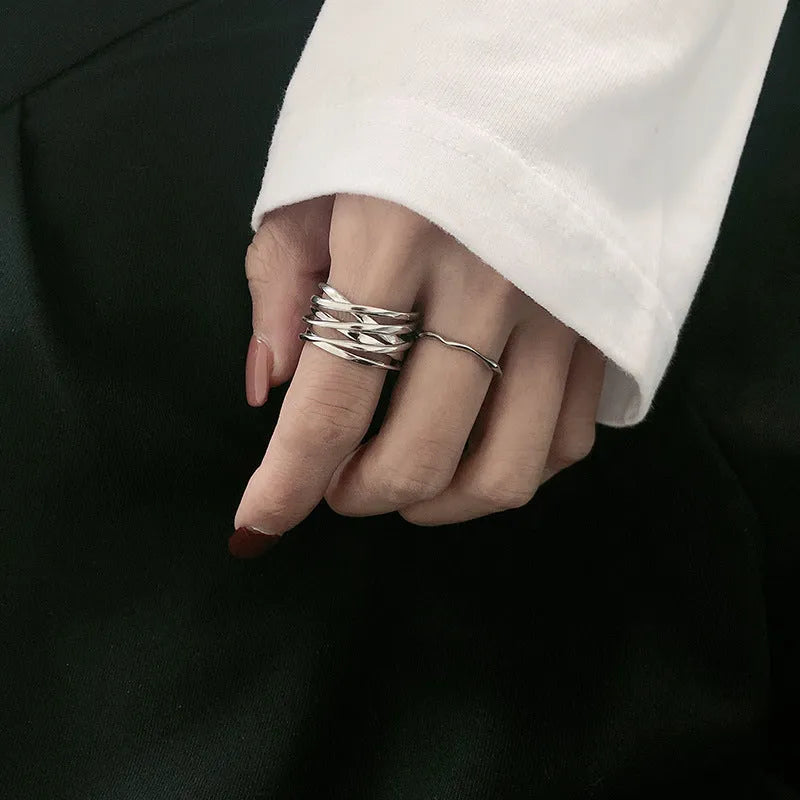 Retro multi-layer wrapped line ring for women copper electroplated silver gold adjustable opening