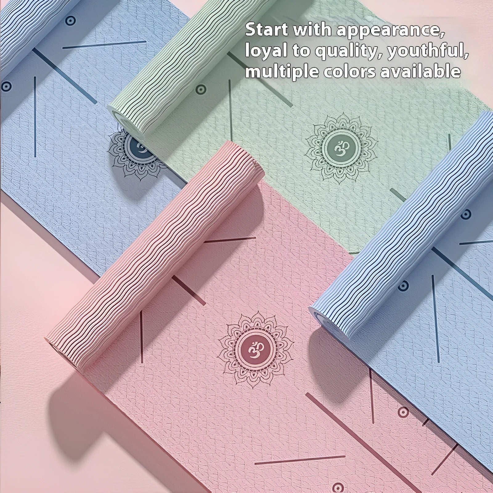 Non-slip TPE fitness training mat showing alignment guide lines, available in multiple colours.
