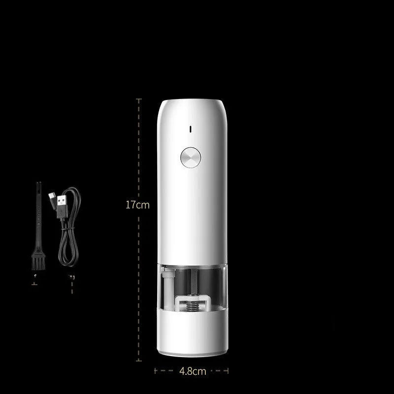 Rechargeable electric pepper and salt grinder set with clear acrylic body and LED light.