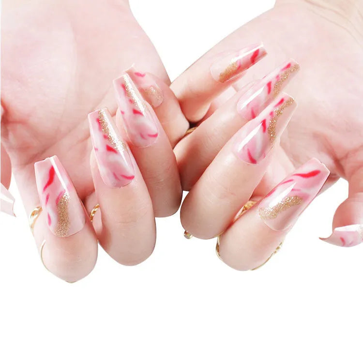 Rose and leopard print press-on false nails kit with glue and jelly adhesive bottles