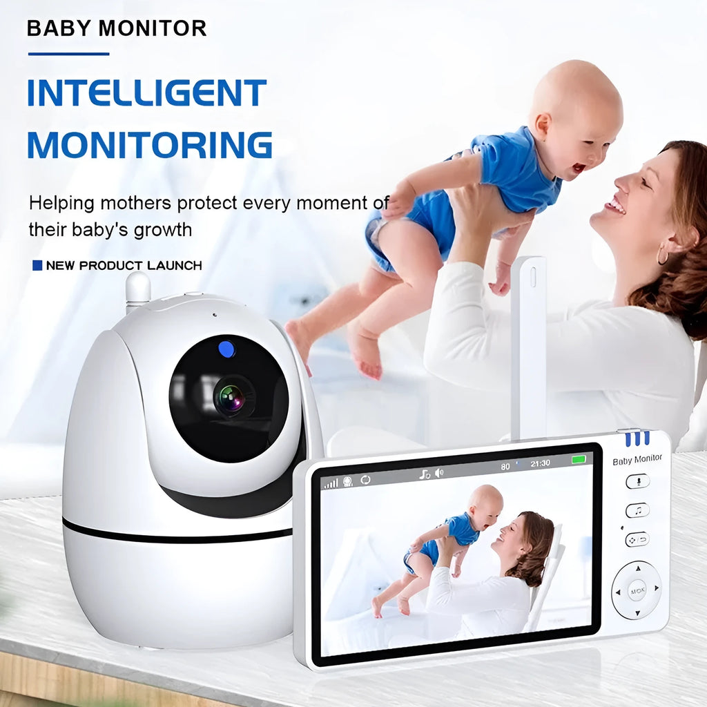 White HD wireless baby monitor with 5-inch screen showing baby room display
