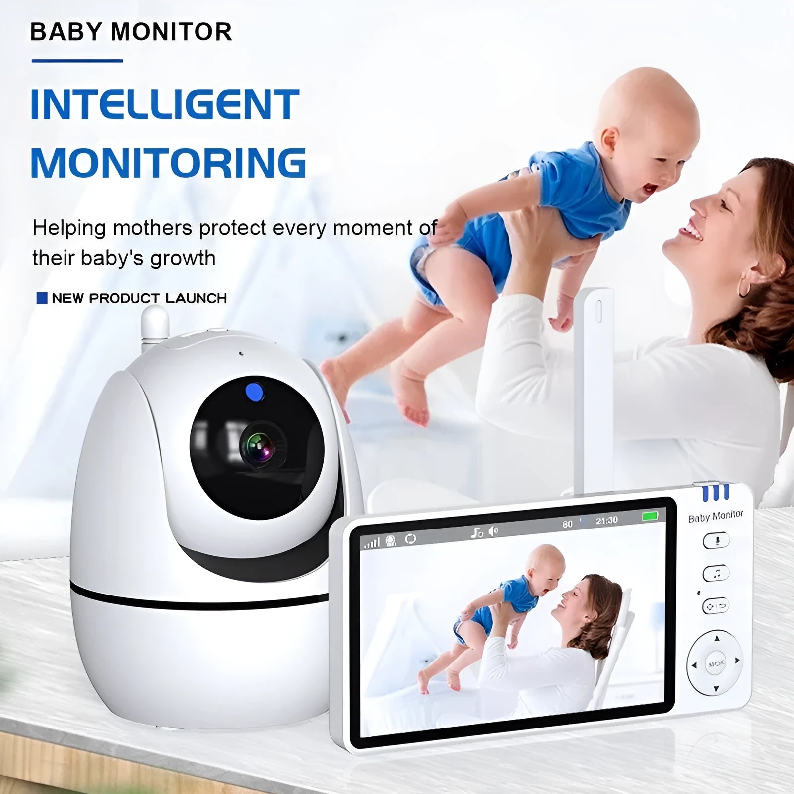 White HD wireless baby monitor with 5-inch screen showing baby room display