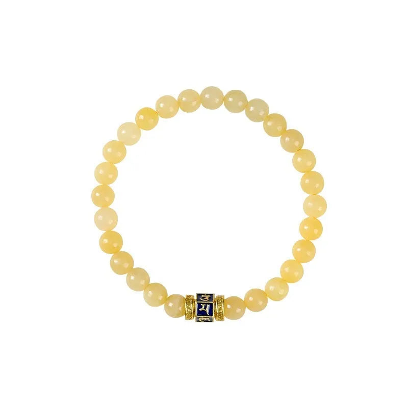 Hand-woven women's topaz bracelet with 6mm mantra barrel beads and square sugar jade pieces