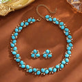 Turquoise pearl necklace and earrings suite with geometric rhinestone pendant on 41-50cm clavicle chain in peacock blue or yellow