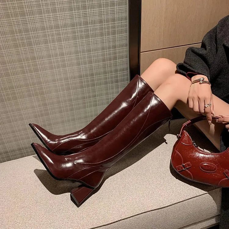 Retro Maillard women's high heel riding boots in black, brown, or wine red with waterproof platform soles