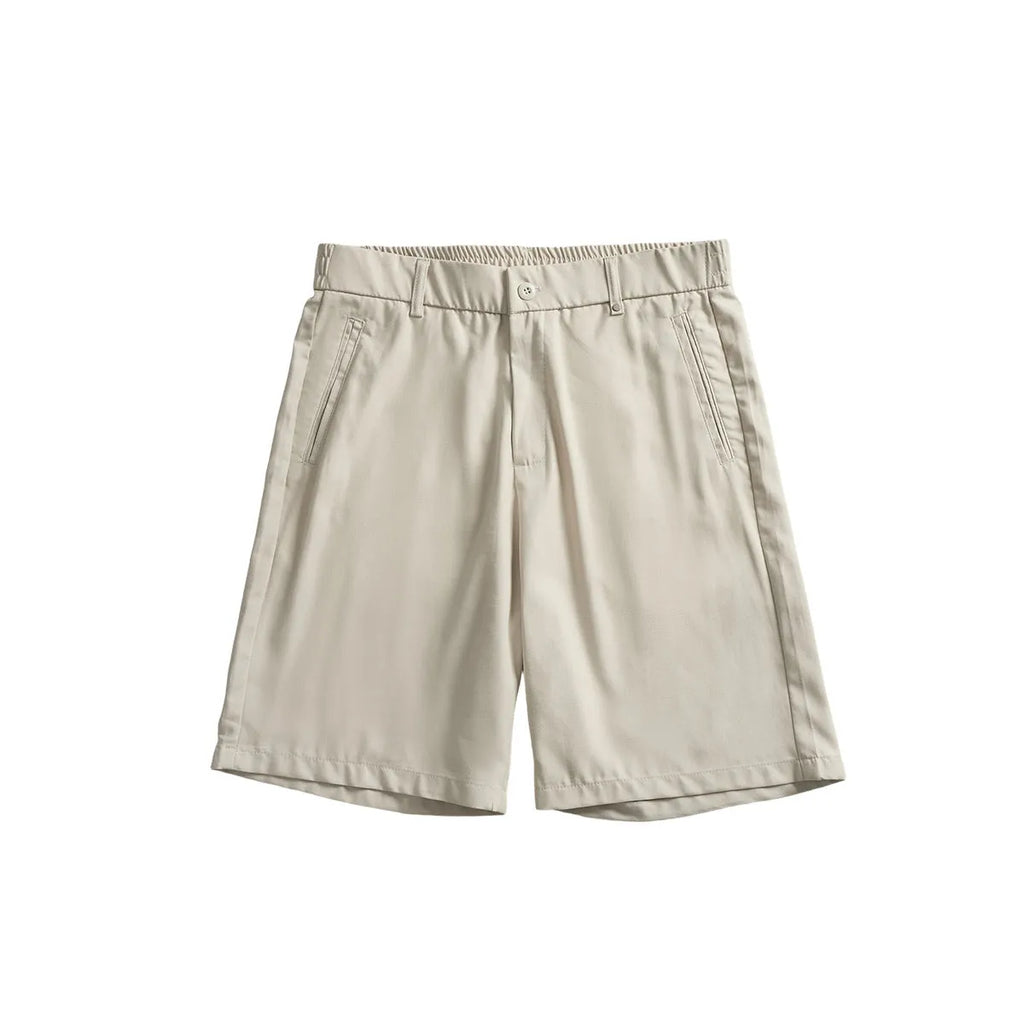 Men's apricot coloured loose-fit lyocell casual shorts on a hanger.