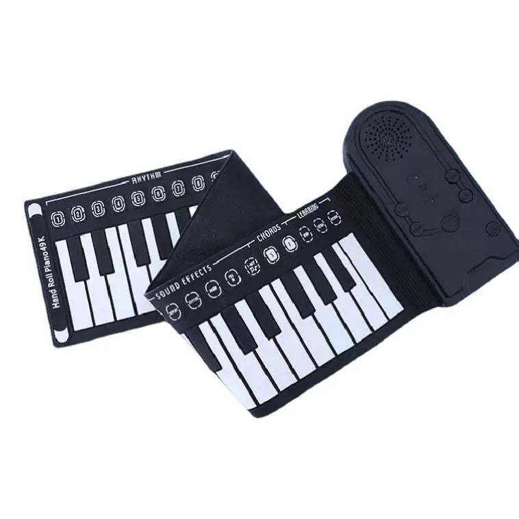 Portable 49-key folding electronic keyboard with speaker in gloss black, showing rolled design and control panel.