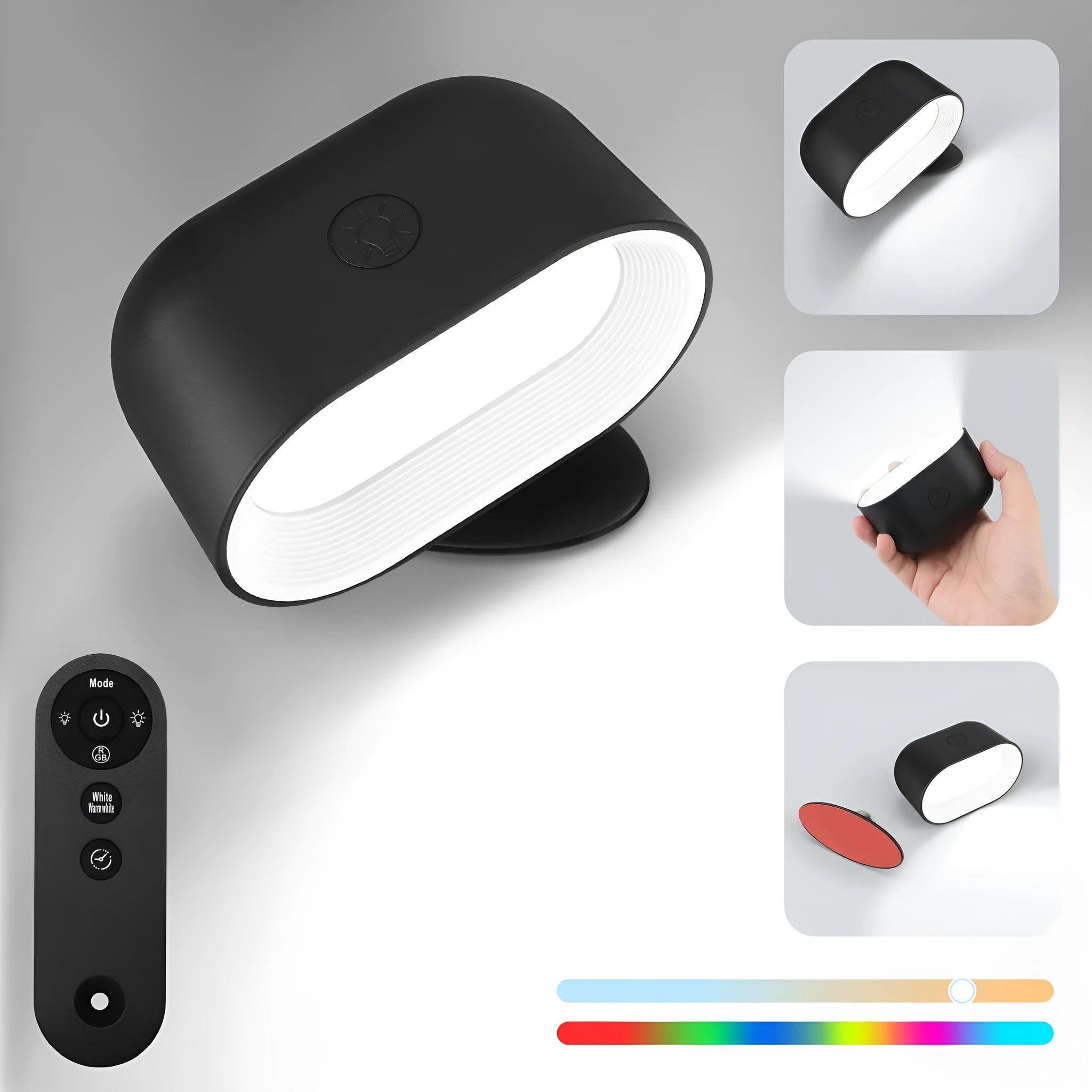White remote-controlled magnetic wall lamp with oval faceplate on a plain wall.