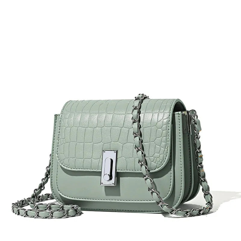 Black soft PU leather women's square shoulder bag with a silver chain strap