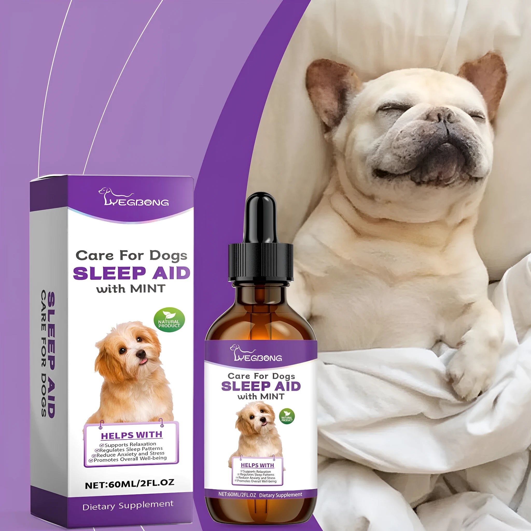 60ml bottle of dog calming sleep drops with a dropper, measuring 12cm tall.