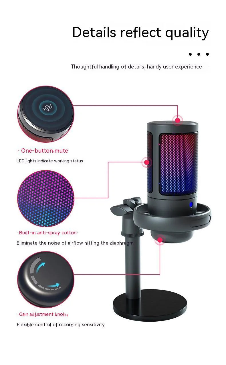 RGB condenser microphone with 150cm cable for computer live streaming