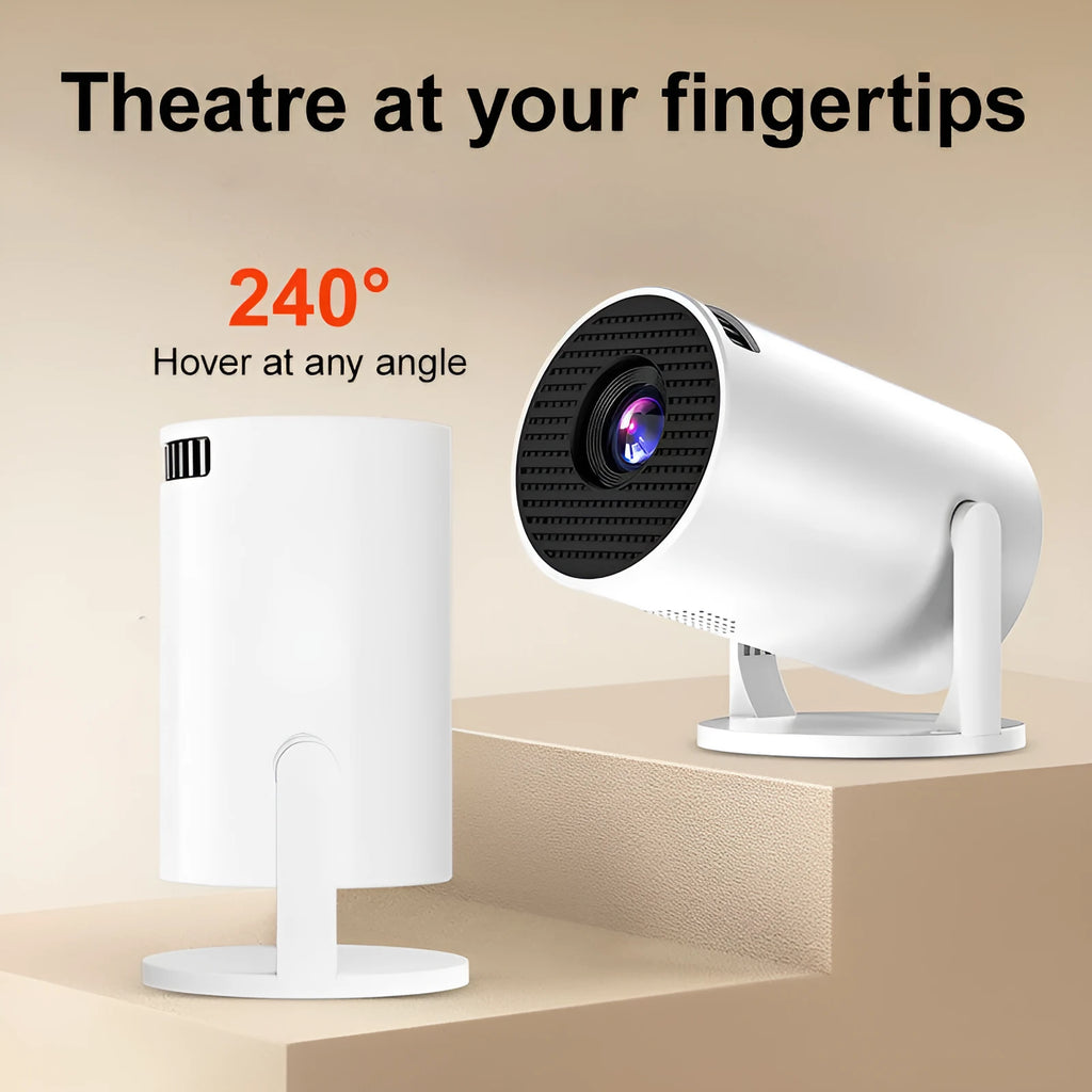White mini wireless portable projector with 1080p HD resolution for home cinema use