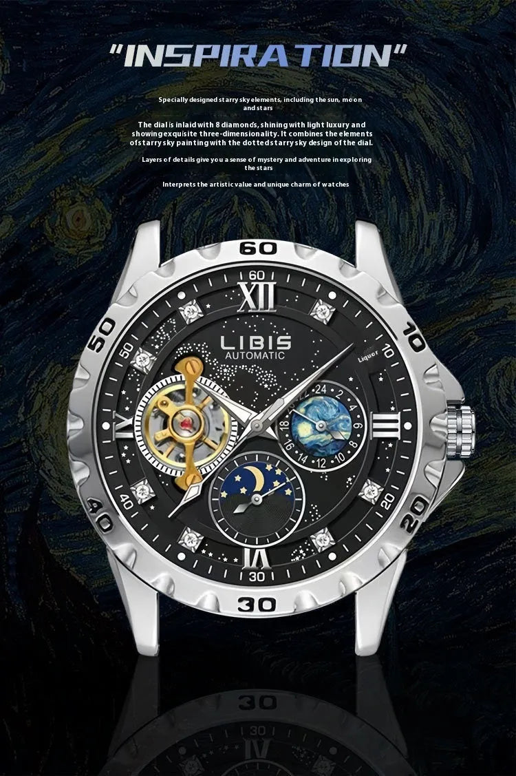 Men's silver automatic watch with black leather strap and transparent case back.