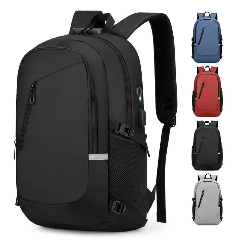 Solid-colour Oxford cloth computer backpack with 20-35L capacity in grey, black, blue, or red options.