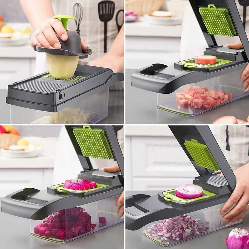 Grey stainless steel vegetable cutter set with 8 interchangeable blades, hand guard and accessories, 33.5x10x12.5cm