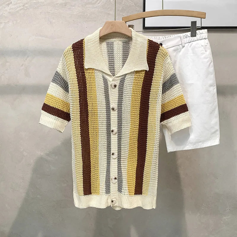 Dopamine Stripe Loose Casual Shirt for Men – pullover half sleeve top in yellow, polyester fabric