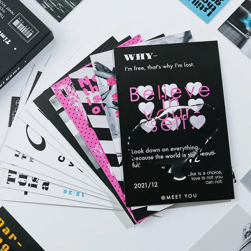 Creative postcard set showing two designs with Time Not Arrived and Warm Wind Not Exhausted messages