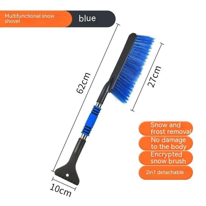 Blue telescopic car snow brush and ice scraper with a wide snow plough blade for winter car cleaning