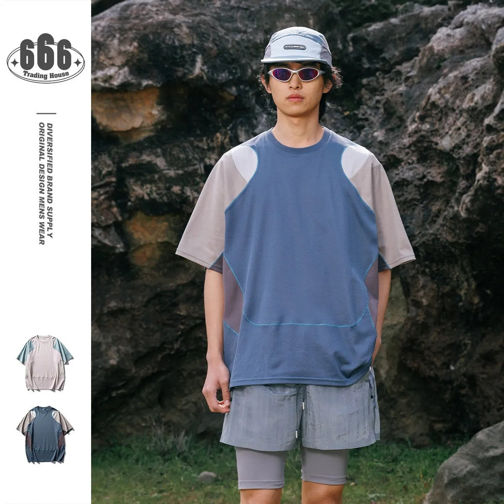 Men's cotton blend patchwork sports T-shirt with loose raglan short sleeves in Galaxy Blue colour