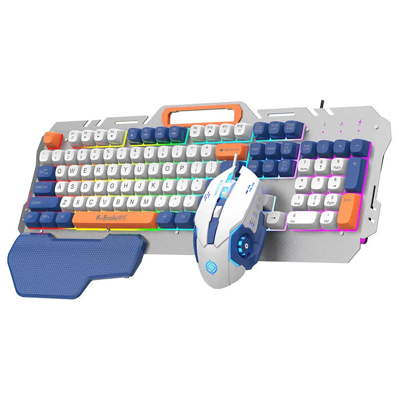 Blue wired gaming keyboard and mouse set with backlit keys on desk