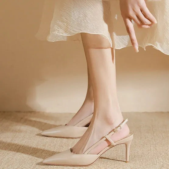 Apricot women's high-heeled sandals with buckle toe closure and thin belt design