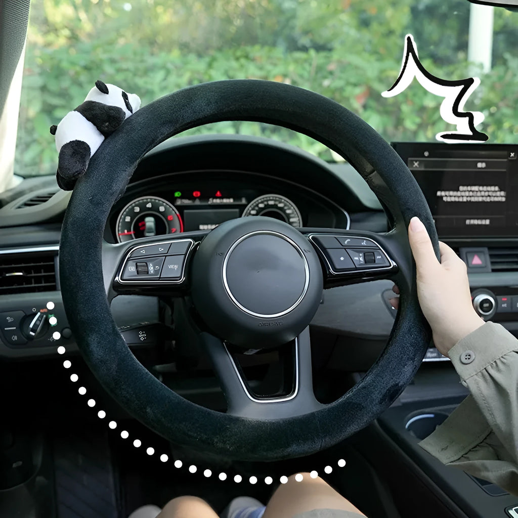 Black plush panda themed car steering wheel cover and matching shoulder pad set