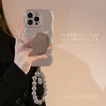 Niche metal silver electroplating bracket phone case for iPhone with geometric design and lanyard