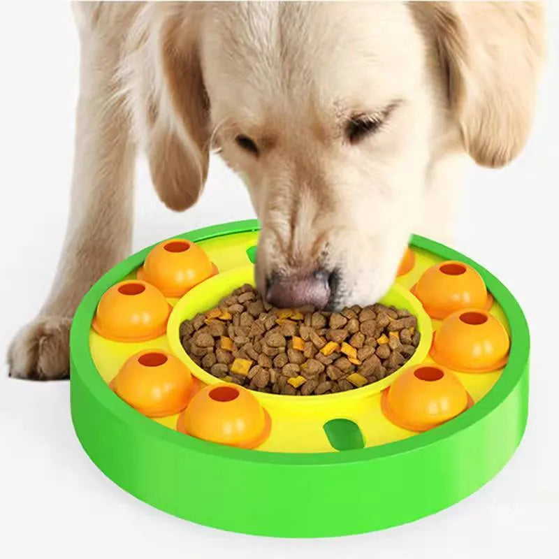 Green plastic interactive dog puzzle toy slow feeder bowl with non-slip base and food turntable.