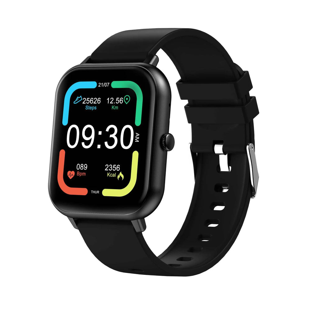 A Bluetooth smart watch with a TFT screen on a wrist strap, shown in black, silver, pink, or khaki colour options.