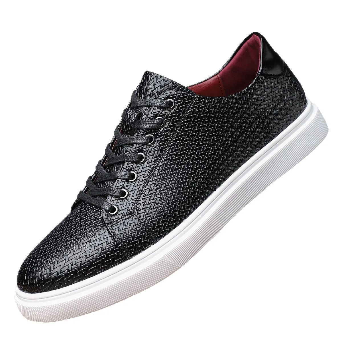 Men's black low-top business leather shoes with a rubber sole and stitching detail.