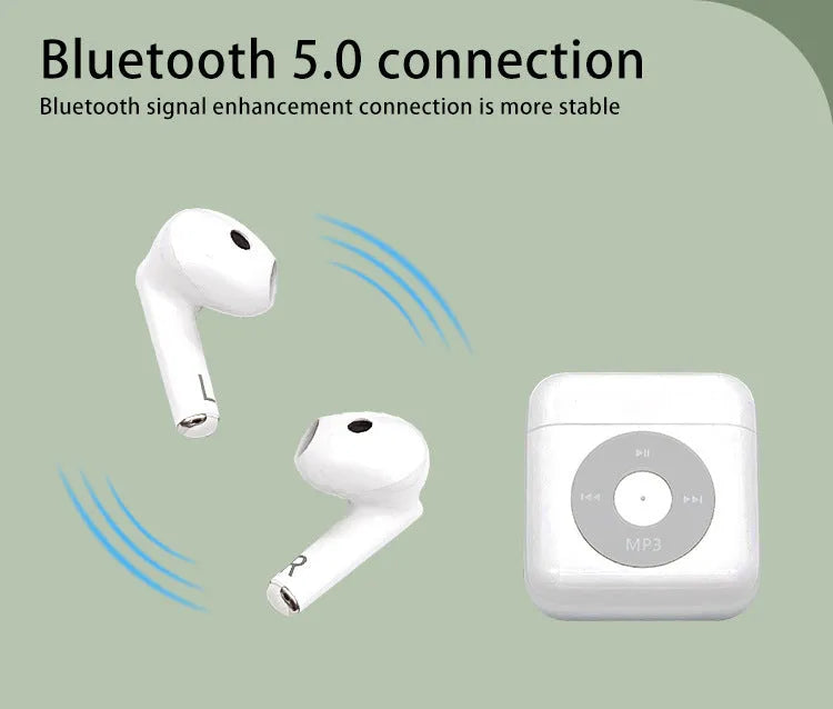 White wireless Bluetooth semi in-ear headphones with a charging case on a solid background.