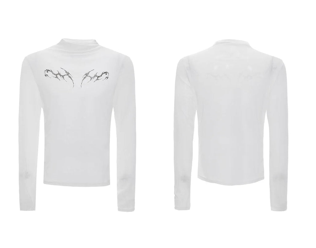 Niche Mesh Ice-feeling Slim Bottoming Shirt in black, showing long sleeves and slim fit on man.