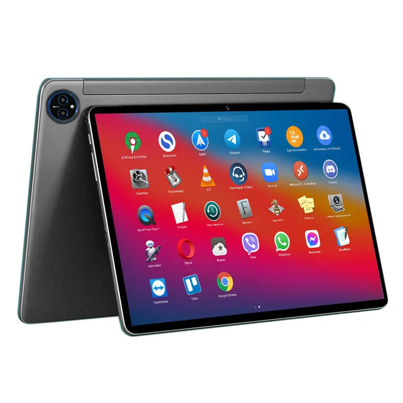 10-inch Android tablet in bare metal blue with screen displaying interface, includes accessories