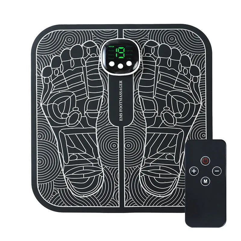 Blue rechargeable reflexology foot massager mat with remote control on a wooden floor.