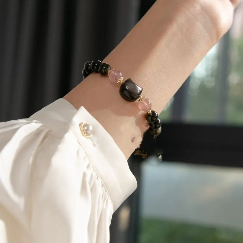 Black obsidian 8mm bead stretch bracelet with silver kitty charm accessory