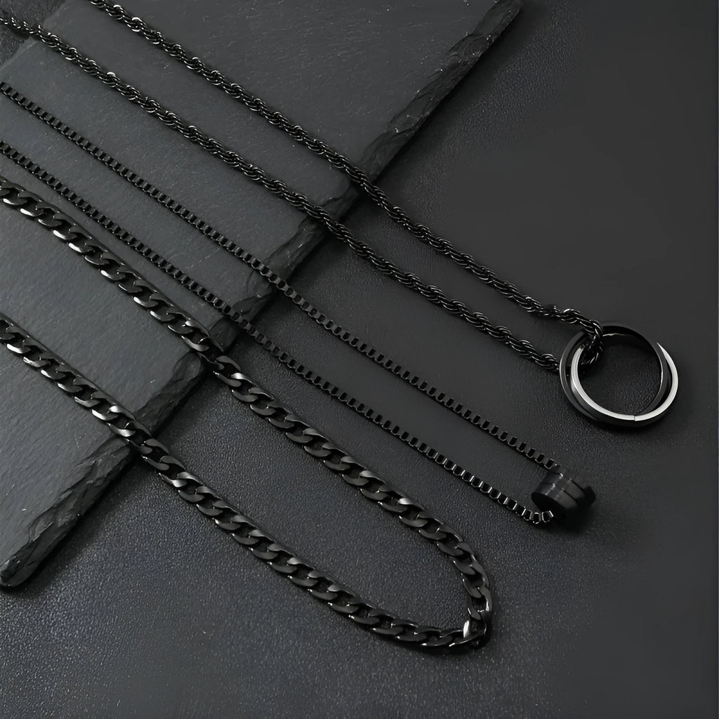 Black titanium steel necklace with cylindrical ring buckle pendant and regular chain