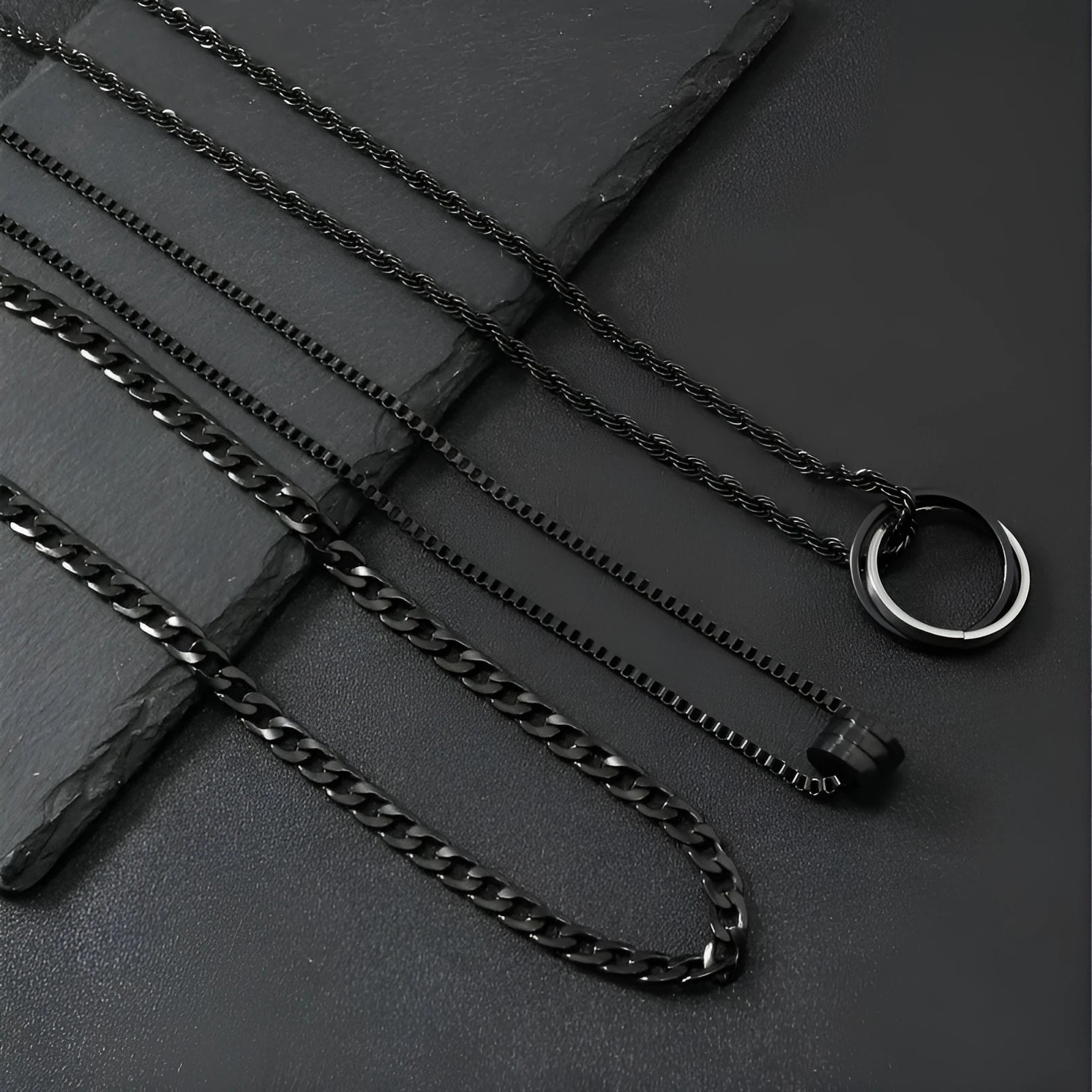 Black titanium steel necklace with cylindrical ring buckle pendant and regular chain