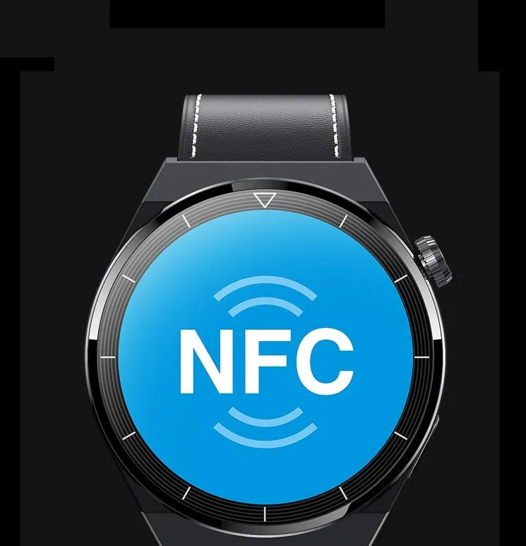 Black Bluetooth smart watch with round display and silicone wristband showing call and NFC functions