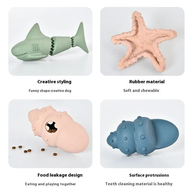 Blue and green deep sea shark, conch, and starfish-shaped rubber dog toys for food leakage and interactive play.
