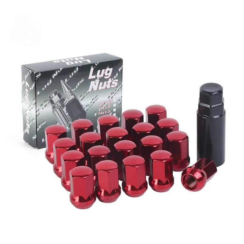 Carbon steel wheel nut set in M12 x 1.5 and M12 x 1.25 with black, red, gold, purple, silver and blue colour options